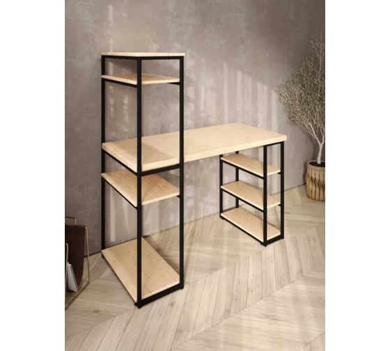Стол стеллаж письменный, компьютерный Solarius Loft с полками и открытой тумбой, 120x60 см, без шлифовки и покраски с черным каркасом stol-stellaz-net-12060-black
