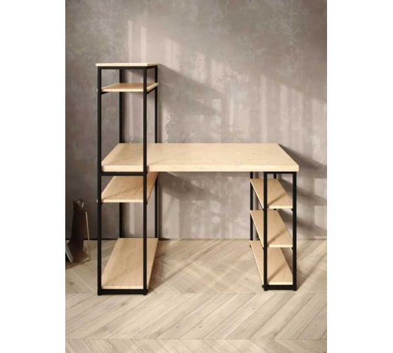 Стол стеллаж письменный, компьютерный Solarius Loft с полками и открытой тумбой, 120x60 см, без шлифовки и покраски с черным каркасом stol-stellaz-net-12060-black