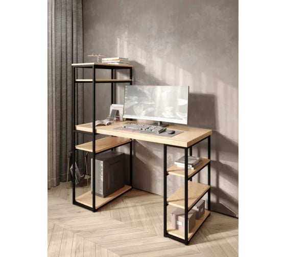 Стол стеллаж письменный, компьютерный Solarius Loft с полками и открытой тумбой, 120x60 см, без шлифовки и покраски с черным каркасом stol-stellaz-net-12060-black