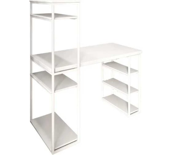 Стол стеллаж письменный, компьютерный Solarius Loft с полками и открытой тумбой, 120x60 см, белый с белым каркасом stol-stellaz-bel-12060-white