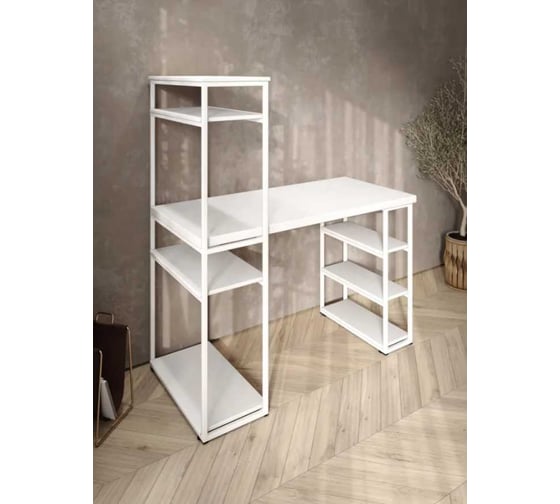 Стол стеллаж письменный, компьютерный Solarius Loft с полками и открытой тумбой, 120x60 см, белый с белым каркасом stol-stellaz-bel-12060-white