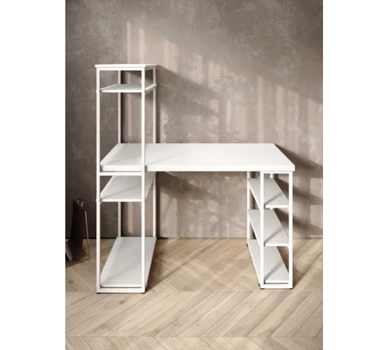 Стол стеллаж письменный, компьютерный Solarius Loft с полками и открытой тумбой, 120x60 см, белый с белым каркасом stol-stellaz-bel-12060-white
