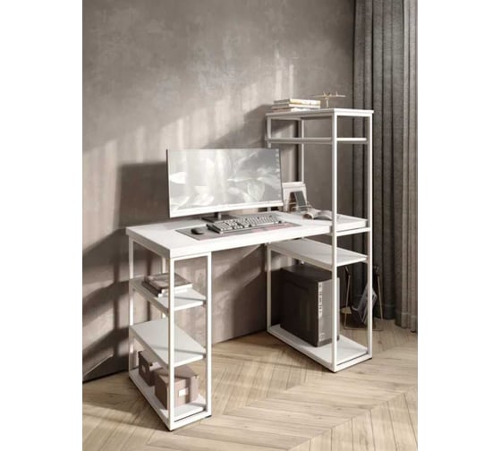 Стол стеллаж письменный, компьютерный Solarius Loft с полками и открытой тумбой, 120x60 см, белый с белым каркасом stol-stellaz-bel-12060-white