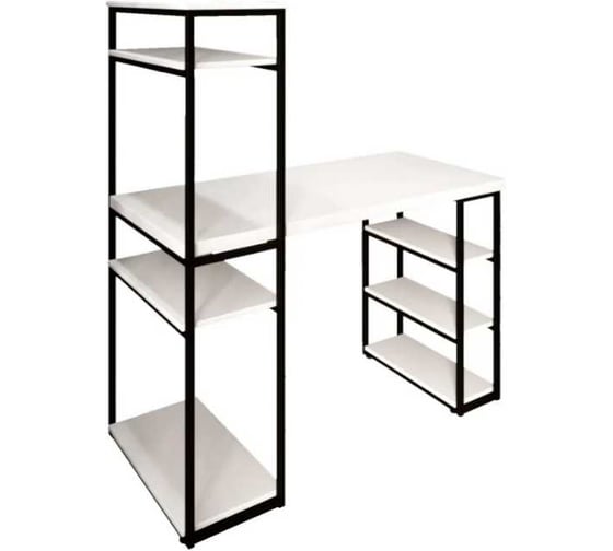 Стол стеллаж письменный, компьютерный Solarius Loft с полками и открытой тумбой, 110x60 см, белый с черным каркасом stol-stellaz-bel-11060-black