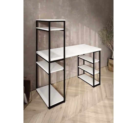 Стол стеллаж письменный, компьютерный Solarius Loft с полками и открытой тумбой, 120x60 см, белый с черным каркасом stol-stellaz-bel-12060-black