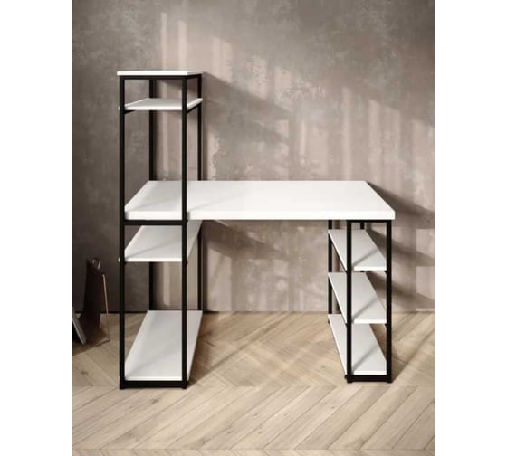 Стол стеллаж письменный, компьютерный Solarius Loft с полками и открытой тумбой, 120x60 см, белый с черным каркасом stol-stellaz-bel-12060-black