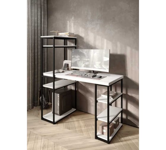 Стол стеллаж письменный, компьютерный Solarius Loft с полками и открытой тумбой, 120x60 см, белый с черным каркасом stol-stellaz-bel-12060-black
