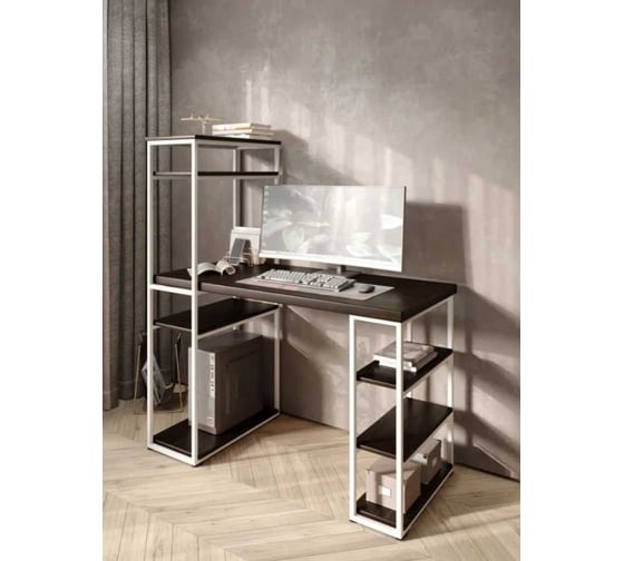 Стол стеллаж письменный, компьютерный Solarius Loft с полками и открытой тумбой, 100x60 см, цвет венге с белым каркасом stol-stellaz-ven-10060-white