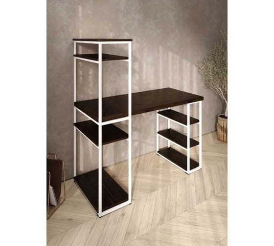 Стол стеллаж письменный, компьютерный Solarius Loft с полками и открытой тумбой, 110x60 см, цвет венге с белым каркасом stol-stellaz-ven-11060-white