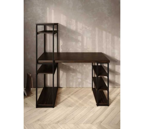 Стол стеллаж письменный, компьютерный Solarius Loft с полками и открытой тумбой, 120x60 см, цвет венге с черным каркасом stol-stellaz-ven-12060-black