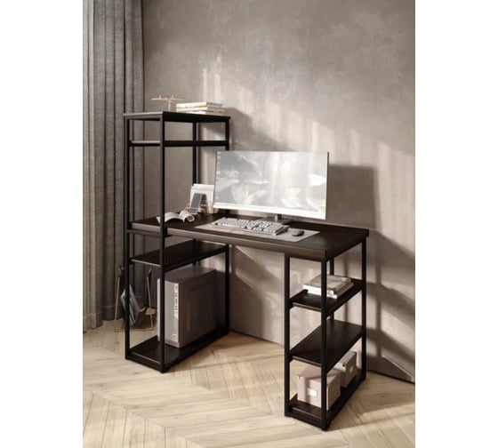 Стол стеллаж письменный, компьютерный Solarius Loft с полками и открытой тумбой, 120x60 см, цвет венге с черным каркасом stol-stellaz-ven-12060-black