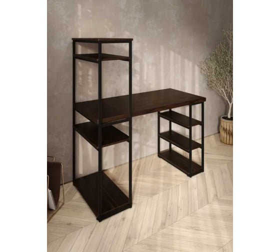 Стол стеллаж письменный, компьютерный Solarius Loft с полками и открытой тумбой, 110x60 см, цвет венге с черным каркасом stol-stellaz-ven-11060-black