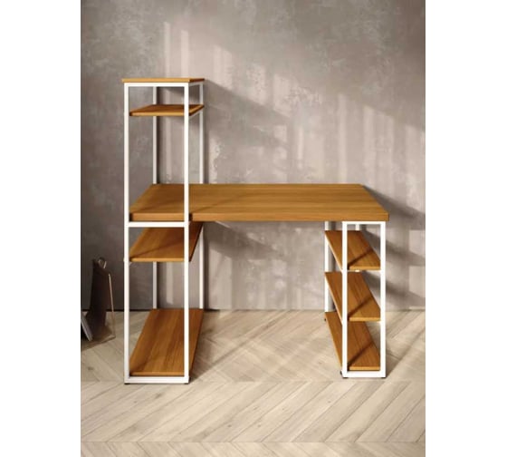 Стол стеллаж письменный, компьютерный Solarius Loft с полками и открытой тумбой, 100x60 см, цвет ольхи с белым каркасом stol-stellaz-olha-10060-white
