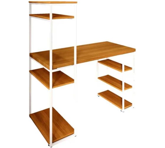 Стол стеллаж письменный, компьютерный Solarius Loft с полками и открытой тумбой, 110x60 см, цвет ольхи с белым каркасом stol-stellaz-olha-11060-white