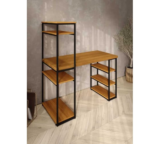Стол стеллаж письменный, компьютерный Solarius Loft с полками и открытой тумбой, 110x60 см, цвет ольхи с черным каркасом stol-stellaz-olha-11060-black