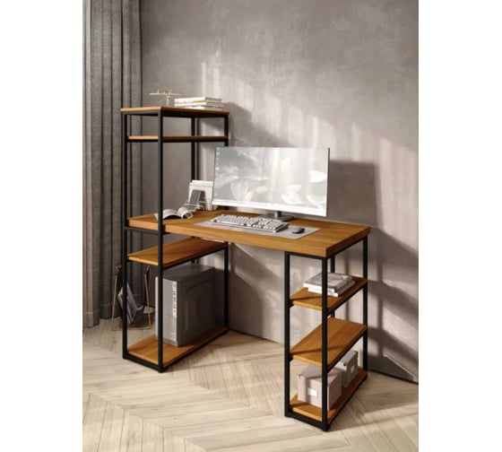 Стол стеллаж письменный, компьютерный Solarius Loft с полками и открытой тумбой, 110x60 см, цвет ольхи с черным каркасом stol-stellaz-olha-11060-black