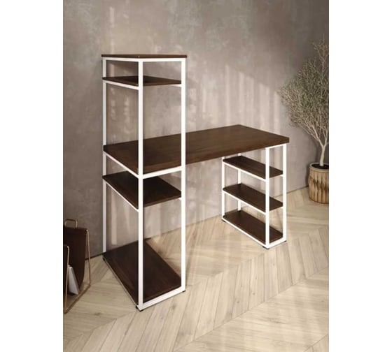 Стол стеллаж письменный, компьютерный Solarius Loft с полками и открытой тумбой, 100x60 см, цвет темного дуба с белым каркасом stol-stellaz-temd-10060-white