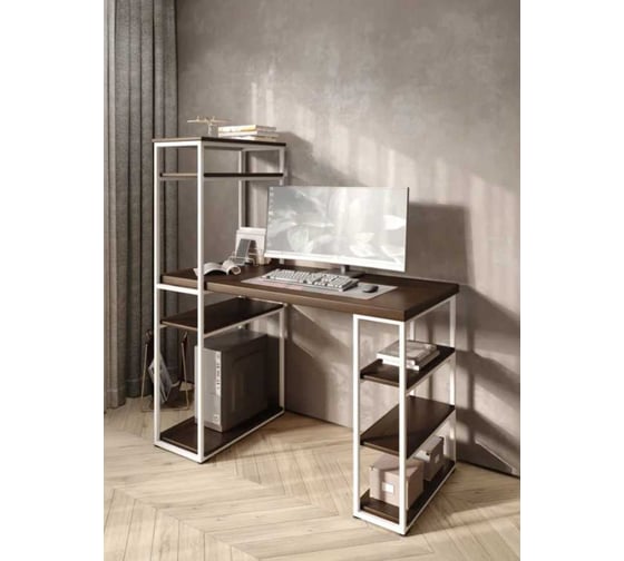 Стол стеллаж письменный, компьютерный Solarius Loft с полками и открытой тумбой, 100x60 см, цвет темного дуба с белым каркасом stol-stellaz-temd-10060-white