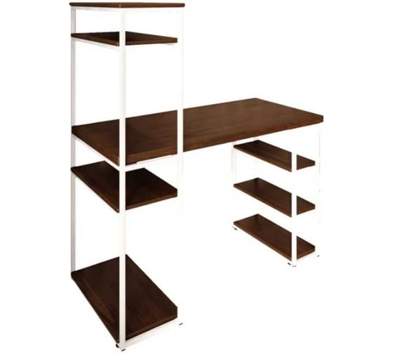 Стол стеллаж письменный, компьютерный Solarius Loft с полками и открытой тумбой, 110x60 см, цвет темного дуба с белым каркасом stol-stellaz-temd-11060-white