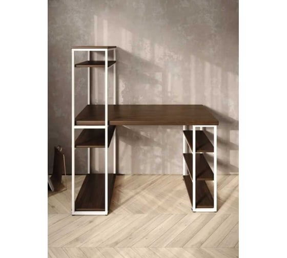 Стол стеллаж письменный, компьютерный Solarius Loft с полками и открытой тумбой, 110x60 см, цвет темного дуба с белым каркасом stol-stellaz-temd-11060-white