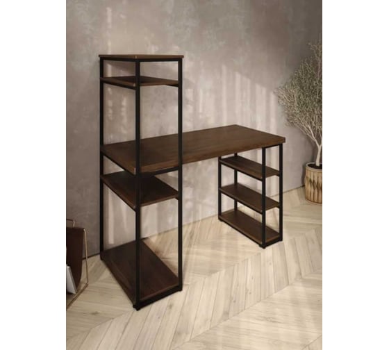 Стол стеллаж письменный, компьютерный Solarius Loft с полками и открытой тумбой, 110x60 см, цвет темного дуба с черным каркасом stol-stellaz-temd-11060-black