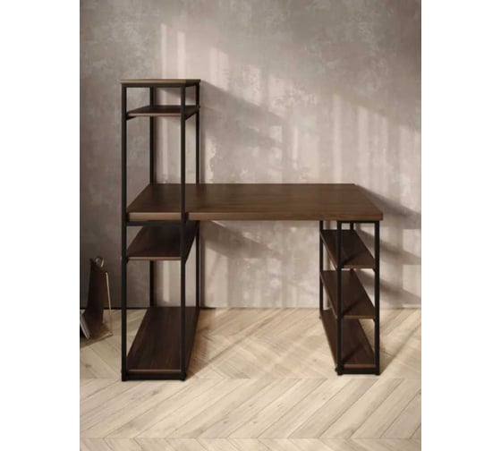 Стол стеллаж письменный, компьютерный Solarius Loft с полками и открытой тумбой, 110x60 см, цвет темного дуба с черным каркасом stol-stellaz-temd-11060-black