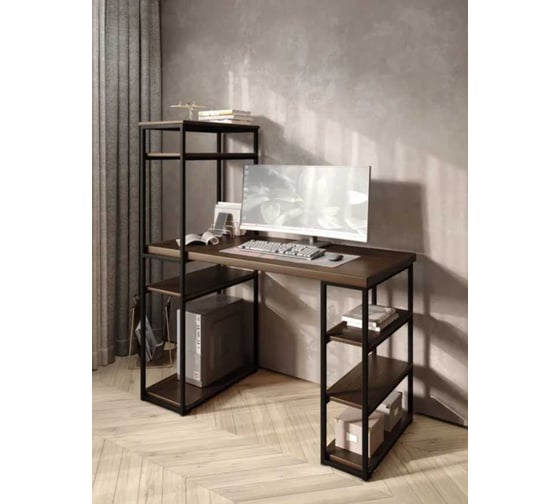 Стол стеллаж письменный, компьютерный Solarius Loft с полками и открытой тумбой, 110x60 см, цвет темного дуба с черным каркасом stol-stellaz-temd-11060-black