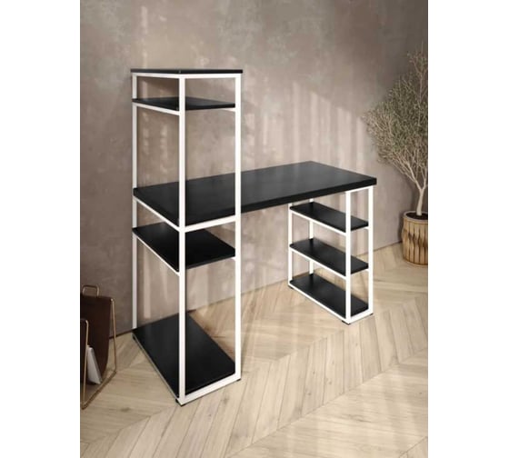 Стол стеллаж письменный, компьютерный Solarius Loft с полками и открытой тумбой, 110x60 см, цвет черного оникса с белым каркасом stol-stellaz-onix-11060-white