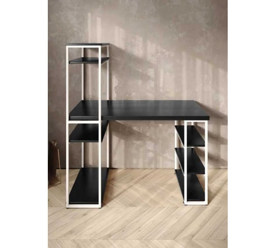 Стол стеллаж письменный, компьютерный Solarius Loft с полками и открытой тумбой, 110x60 см, цвет черного оникса с белым каркасом stol-stellaz-onix-11060-white