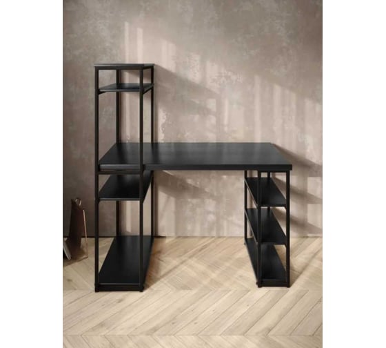 Стол стеллаж письменный, компьютерный Solarius Loft с полками и открытой тумбой, 100x60 см, цвет черного оникса с черным каркасом stol-stellaz-onix-10060-black