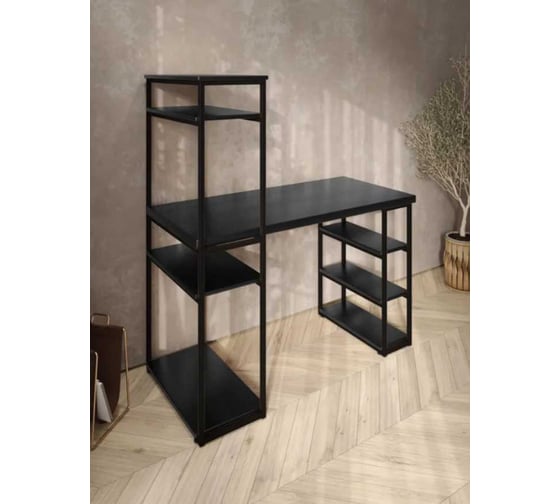 Стол стеллаж письменный, компьютерный Solarius Loft с полками и открытой тумбой, 110x60 см, цвет черного оникса с черным каркасом stol-stellaz-onix-11060-black