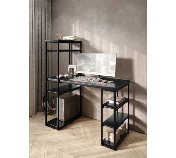 Стол стеллаж письменный, компьютерный Solarius Loft с полками и открытой тумбой, 110x60 см, цвет черного оникса с черным каркасом stol-stellaz-onix-11060-black