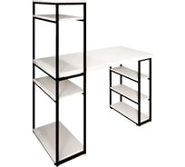 Стол стеллаж Solarius Loft письменный, компьютерный с полками и открытой тумбой, 140x60 см, белый с черным каркасом stol-stellaz-bel-14060-black