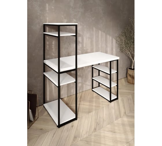 Стол стеллаж Solarius Loft письменный, компьютерный с полками и открытой тумбой, 140x60 см, белый с черным каркасом stol-stellaz-bel-14060-black
