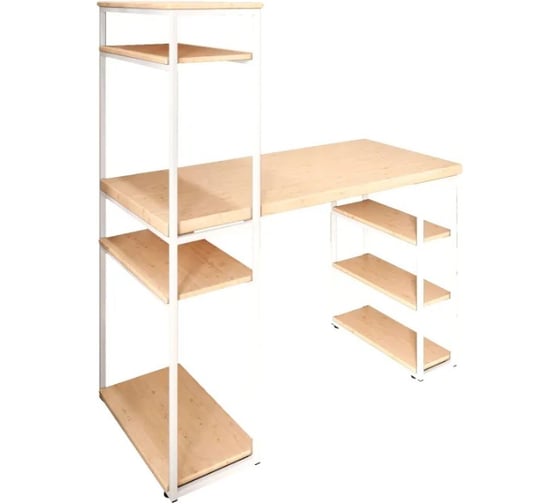 Стол стеллаж Solarius Loft письменный, компьютерный с полками и открытой тумбой, 130x60 см, без шлифовки и покраски с белым каркасом stol-stellaz-net-13060-white