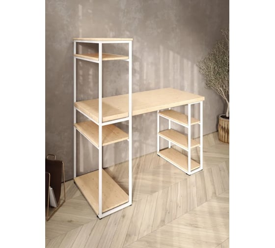 Стол стеллаж Solarius Loft письменный, компьютерный с полками и открытой тумбой, 130x60 см, без шлифовки и покраски с белым каркасом stol-stellaz-net-13060-white