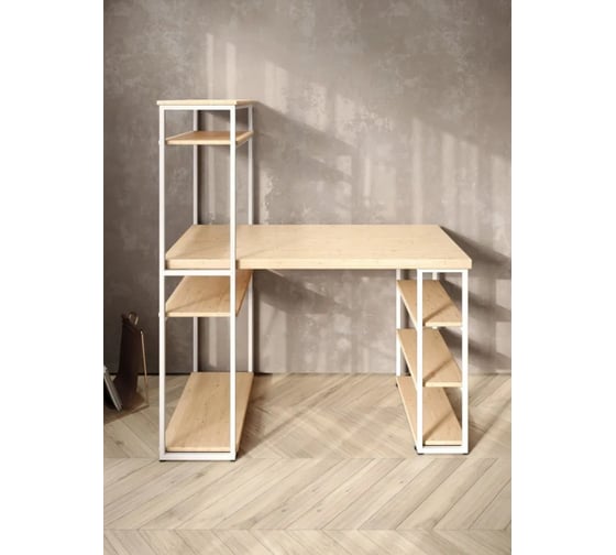 Стол стеллаж Solarius Loft письменный, компьютерный с полками и открытой тумбой, 130x60 см, без шлифовки и покраски с белым каркасом stol-stellaz-net-13060-white