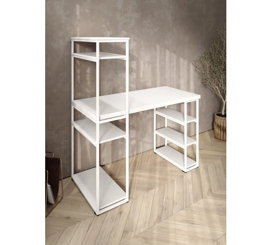 Стол стеллаж Solarius Loft письменный, компьютерный с полками и открытой тумбой, 130x60 см, белый с белым каркасом stol-stellaz-bel-13060-white