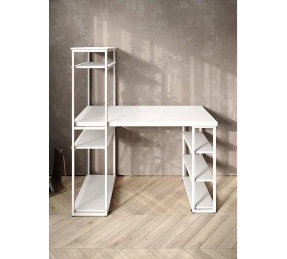 Стол стеллаж Solarius Loft письменный, компьютерный с полками и открытой тумбой, 130x60 см, белый с белым каркасом stol-stellaz-bel-13060-white