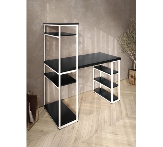 Стол стеллаж Solarius Loft письменный, компьютерный с полками и открытой тумбой, 120x60 см, цвет черного оникса с белым каркасом stol-stellaz-onix-12060-white