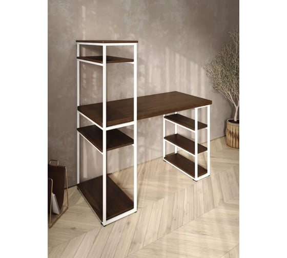 Стол стеллаж Solarius Loft письменный, компьютерный с полками и открытой тумбой, 120x60 см, цвет темного дуба с белым каркасом stol-stellaz-temd-12060-white