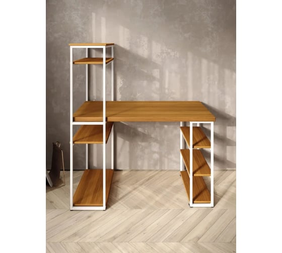 Стол стеллаж Solarius Loft письменный, компьютерный с полками и открытой тумбой, 140x60 см, цвет ольхи с белым каркасом stol-stellaz-olha-14060-white