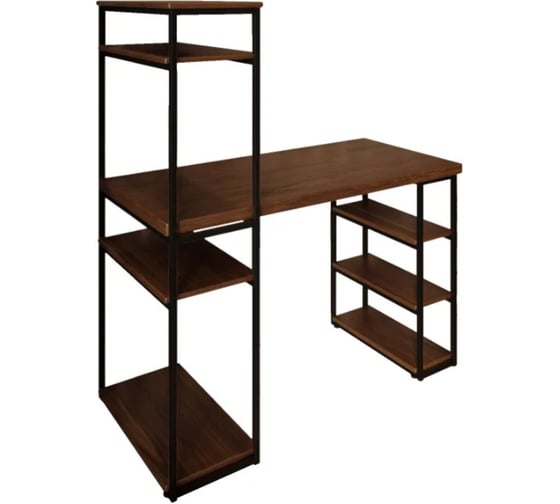 Стол стеллаж Solarius Loft письменный, компьютерный с полками и открытой тумбой, 130x60 см, цвет темного дуба с черным каркасом stol-stellaz-temd-13060-black