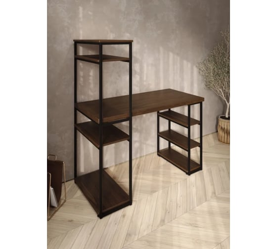 Стол стеллаж Solarius Loft письменный, компьютерный с полками и открытой тумбой, 130x60 см, цвет темного дуба с черным каркасом stol-stellaz-temd-13060-black