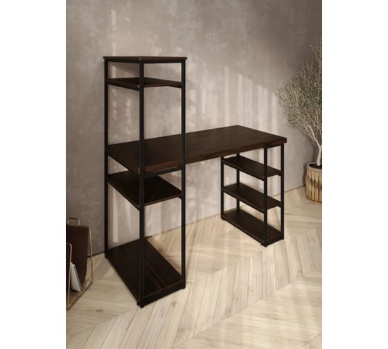 Стол стеллаж Solarius Loft письменный, компьютерный с полками и открытой тумбой, 140x60 см, цвет венге с черным каркасом stol-stellaz-ven-14060-black