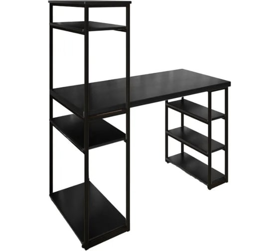 Стол стеллаж Solarius Loft письменный, компьютерный с полками и открытой тумбой, 120x60 см, цвет черного оникса с черным каркасом stol-stellaz-onix-12060-black