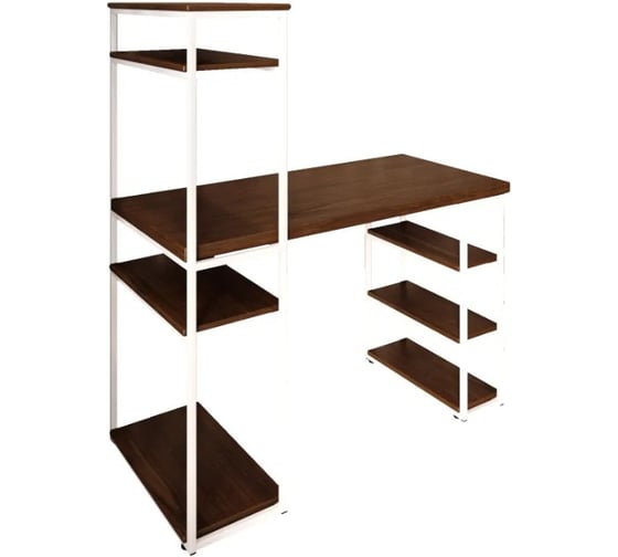 Стол стеллаж Solarius Loft письменный, компьютерный с полками и открытой тумбой, 140x60 см, цвет темного дуба с белым каркасом stol-stellaz-temd-14060-white