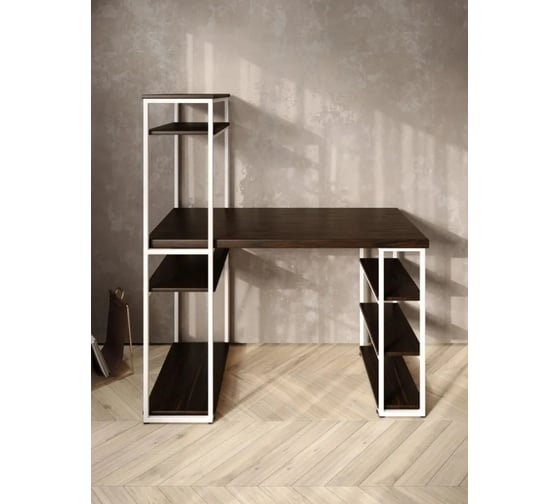 Стол стеллаж Solarius Loft письменный, компьютерный с полками и открытой тумбой, 140x60 см, цвет венге с белым каркасом stol-stellaz-ven-14060-white