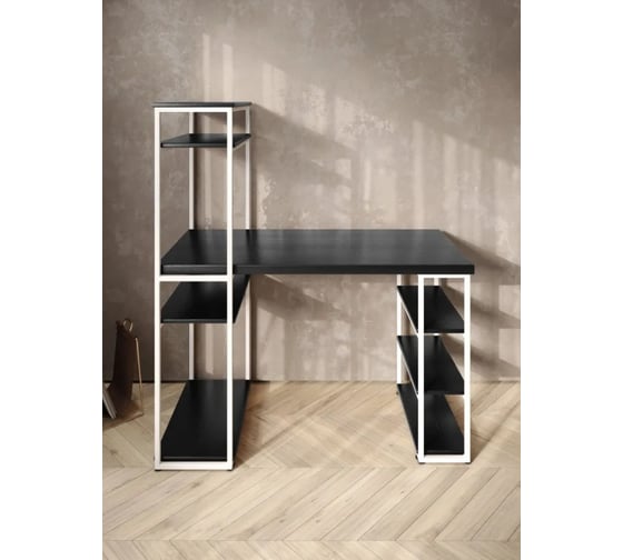Стол стеллаж Solarius Loft письменный, компьютерный с полками и открытой тумбой, 130x60 см, цвет черного оникса с белым каркасом stol-stellaz-onix-13060-white