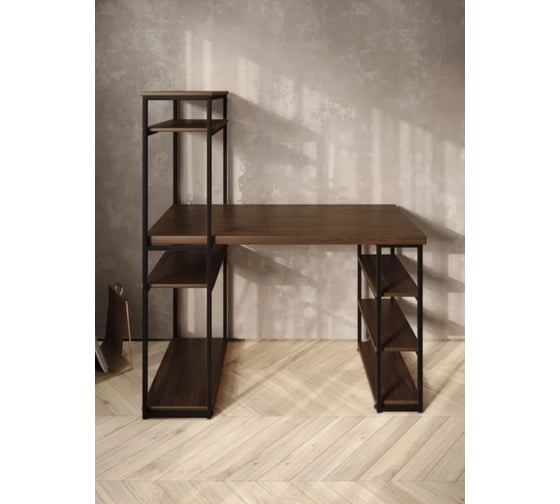 Стол стеллаж Solarius Loft письменный, компьютерный с полками и открытой тумбой, 120x60 см, цвет темного дуба с черным каркасом stol-stellaz-temd-12060-black